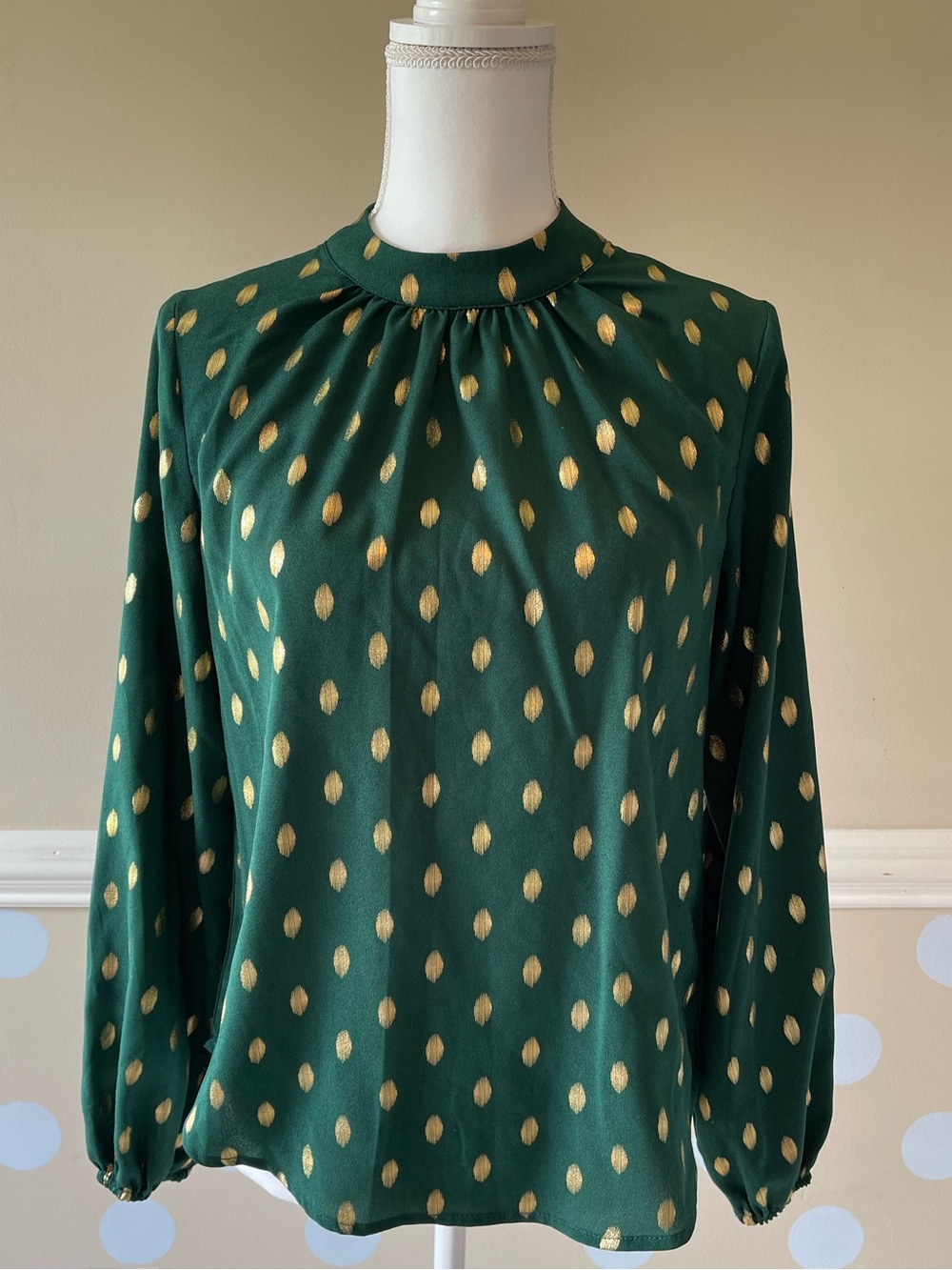SHEIN Emerald Green Blouse with Gold Dot Print
